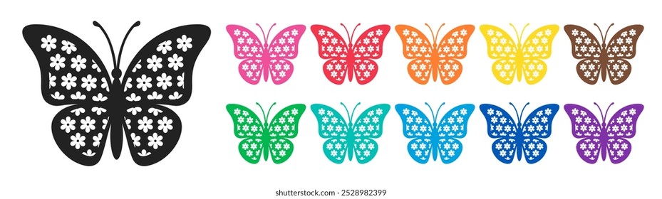 Stylized vector set of monarch butterfly with white floral pattern and smooth lines in bright colors on a white background. Ideal for spring and summer designs, nature-inspired art and seasonal decor