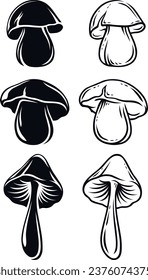 Stylized vector set of mushrooms. Tattoo, design and decor element contour and silhouette. Highly detailed and accurate lines for print or engraving