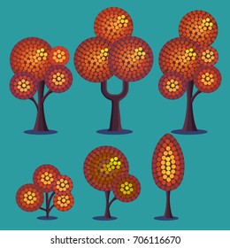 Stylized vector set of plants in autumn period. Trees and shrubs.
