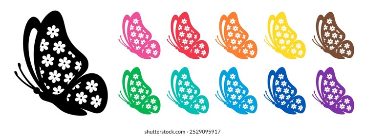 Stylized vector set of side view monarch butterflies with white floral patterns in bright colors on a white background. Ideal for spring and summer designs, nature-inspired art and seasonal decor