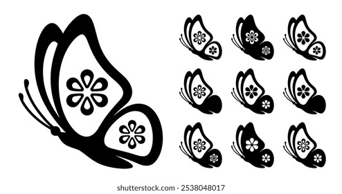 Stylized vector set of side view monarch butterflies with floral wings. The contemporary design ideal for seasonal decor and nature-inspired art. Minimalist design for stickers, icons or prints