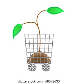 Stylized vector shopping carts with green shoots and the soil inside