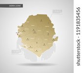 Stylized vector Sierra Leone map.  Infographic 3d gold map illustration with cities, borders, capital, administrative divisions and pointer marks, shadow; gradient background. 