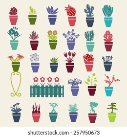 stylized vector silhouette of garden flowers  and  herbs pot plants icons set - Illustration