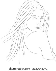Stylized vector sketch drawn with strokes of lines of different thicknesses. Zodiac signs. Virgo. A young girl with long hair looking over her shoulder.
