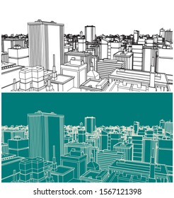 Stylized vector sketch illustration of a big city with modern buildings in 3D View