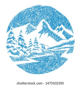Stylized vector Sketch on the theme of nature, the outdoors, travel and tourism