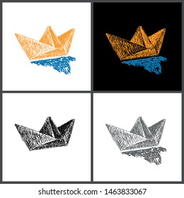 Stylized vector Sketch of a paper ship in different interpretations and in different colors