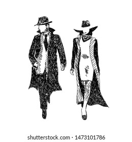 Stylized Vector Sketch Stylish Man And Woman In Raincoats And Hats