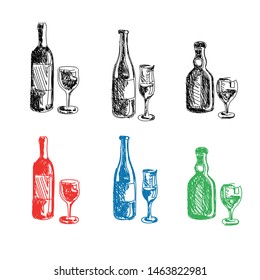 Stylized vector sketches of bottles and glasses