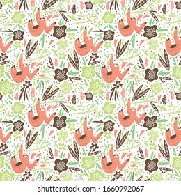Stylized vector sloth, branch, leaves and fruits vector composition. Element of seamless pattern