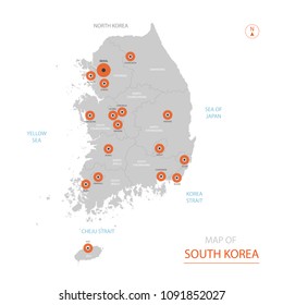 Stylized vector South Korea map showing big cities, capital Seoul, 
administrative divisions.