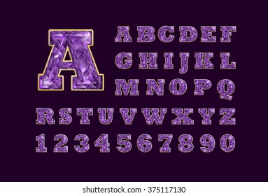 Stylized  vector sparkling jeweled amethyst precious stone  fancy latin abc alphabet. Use letters to make your own text