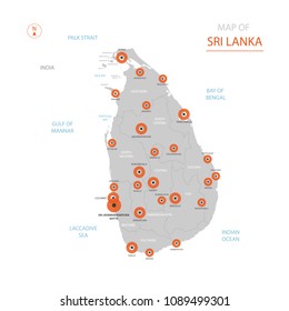 Stylized vector Sri Lanka map showing big cities, capital  Sri Jayawardenepura Kotte, administrative divisions.