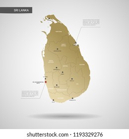 Stylized vector Sri Lanka map.  Infographic 3d gold map illustration with cities, borders, capital, administrative divisions and pointer marks, shadow; gradient background. 
