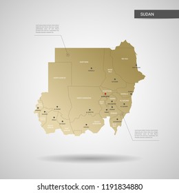 Stylized vector Sudan map.  Infographic 3d gold map illustration with cities, borders, capital, administrative divisions and pointer marks, shadow; gradient background. 
