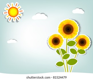 stylized vector sunflower on background sky, clouds and sun