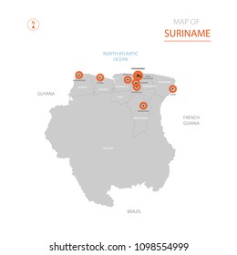 Stylized vector Suriname map showing big cities, capital Paramaribo, 
administrative divisions.