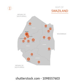 Stylized vector Swaziland map showing big cities, capital Mbabane, 
administrative divisions.