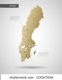 Stylized vector Sweden map.  Infographic 3d gold map illustration with cities, borders, capital, administrative divisions and pointer marks, shadow; gradient background. 