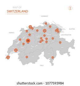 Stylized vector Switzerland map showing big cities, capital Bern, 
administrative divisions and country borders with Liechtenstein, Germany, France, Italy, Austria.