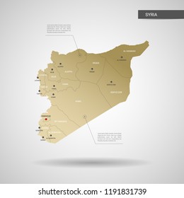 Stylized vector Syria map.  Infographic 3d gold map illustration with cities, borders, capital, administrative divisions and pointer marks, shadow; gradient background. 

