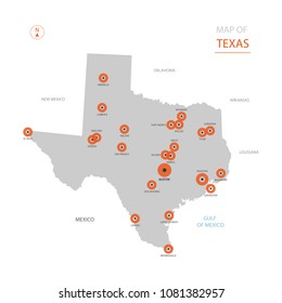 Stylized vector Texas map showing big cities, capital Austin, administrative divisions.