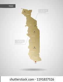 Stylized vector Togo map.  Infographic 3d gold map illustration with cities, borders, capital, administrative divisions and pointer marks, shadow; gradient background. 