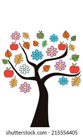 Stylized vector tree. Apples, leaves and flowers isolated on white.