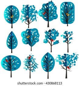 Stylized vector tree collection. Vector tree flat silhouette isolated on white background. Tree different size and forms. Tree icons set. Tree eco nature. Green collection of tree. Leaves, tree. Tree