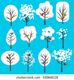 Stylized vector tree collection. Vector tree flat silhouette isolated on white background. Tree different size and forms. Tree icons set. Tree eco nature. Green collection of tree. Leaves, tree. Tree