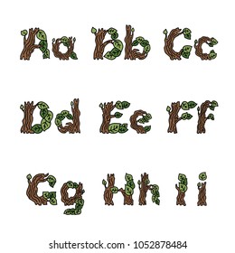 Stylized vector tree font. Design of branches and leaves.