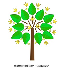 Stylized vector tree with green leaves and flowers
