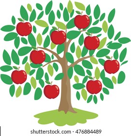 Stylized vector tree with red apples. Flyer, poster or greeting card design template  tree with red apples. Isolated white background