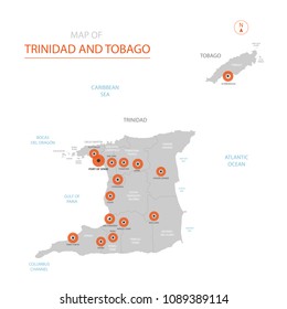 Stylized vector Trinidad and Tobago
 map showing big cities, capital Port of Spain, 
administrative divisions.