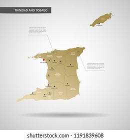 Stylized vector Trinidad and Tobago map.  Infographic 3d gold map illustration with cities, borders, capital, administrative divisions and pointer marks, shadow; gradient background. 