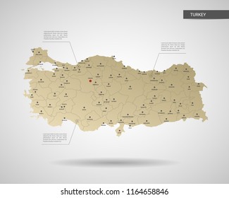 Stylized vector Turkey map.  Infographic 3d gold map illustration with cities, borders, capital, administrative divisions and pointer marks, shadow; gradient background. 
