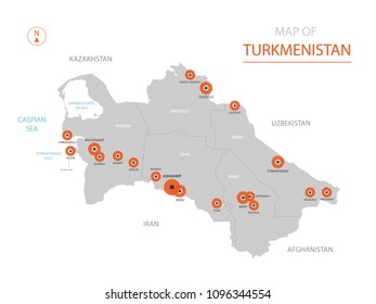 Stylized vector Turkmenistan map showing big cities, capital Ashgabat, 
administrative divisions.