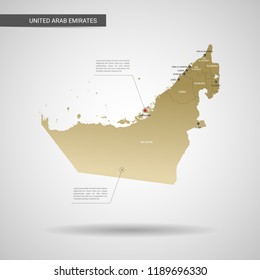 Mapa estilizado de los Emiratos Árabes Unidos.  Ilustración de mapas de oro 3d de la infografía con ciudades, fronteras, capital, divisiones administrativas y marcas de puntero, sombra; fondo degradado. 
