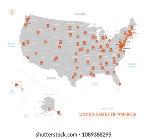 Stylized vector United States of America (USA) map showing big cities, capital Washington D.C., administrative divisions.