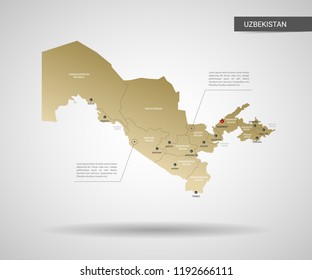Stylized vector Uzbekistan map.  Infographic 3d gold map illustration with cities, borders, capital, administrative divisions and pointer marks, shadow; gradient background. 
