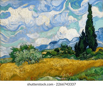versión vectorial estilizada del campo de pintura de Trigo de Van Gogh con cipreses


