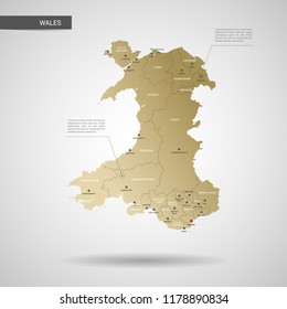 Stylized vector Wales map.  Infographic 3d gold map illustration with cities, borders, capital, administrative divisions and pointer marks, shadow; gradient background. 