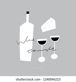Stylized vector wine bottle, glasses and cheese illustration. Wine party  