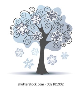 Stylized vector winter tree with some snowflakes. Vector illustration