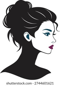 Stylized vector a woman in profile featuring a messy bun hairstyle and bold purple lipstick