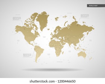 Stilvolle VektorWeltkarte.  Infografik 3D-Goldkarte mit Städten, Grenzen, Kapital, Verwaltungsabteilungen und Zeigermarken, Schatten; Farbverlauf-Hintergrund. 