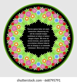 Stylized vector wreath. Flower arrangement with flowers and leaves. Elegant design of complimentary, greeting or wedding cards.