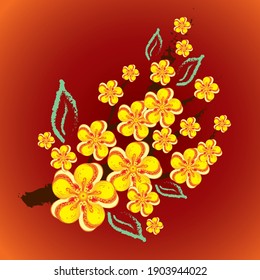 Stylized vector of Yellow Apricot Flowers on branch, lucky symbol of Vietnam Tet Holidays