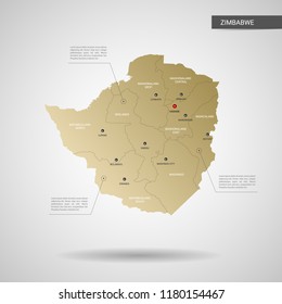 Stylized vector Zimbabwe map.  Infographic 3d gold map illustration with cities, borders, capital, administrative divisions and pointer marks, shadow; gradient background. 